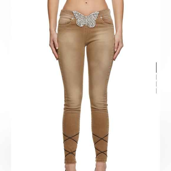 BLUMARINE runway Tan Butterfly Buckle Jeans Rhinestone rare 36 XS Small - Picture 3 of 11